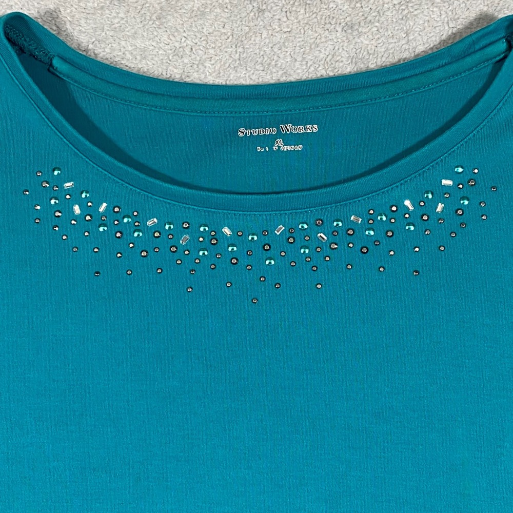 Studio Works Embellished Top Women XL Teal Blue Long Sleeve Rhinestone Cotton - Picture 4 of 14